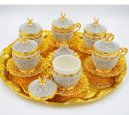 Silver Stone Instant Coffee Set with 6 Gold Color Trays A Wonderful Presentation