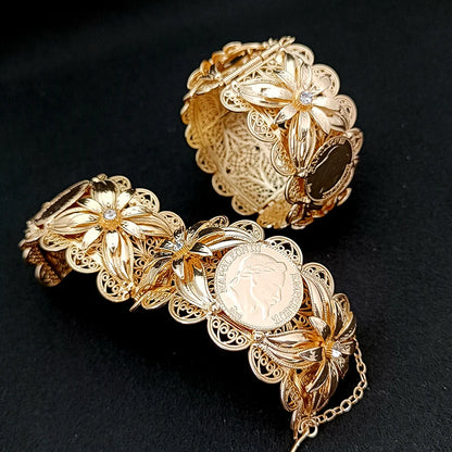 Algerian Metal Flower Bracelet Robe Cuff Bracelet Gold Plated Arabian Wedding Bridal Jewelry Moroccan Banquet Women's Gift