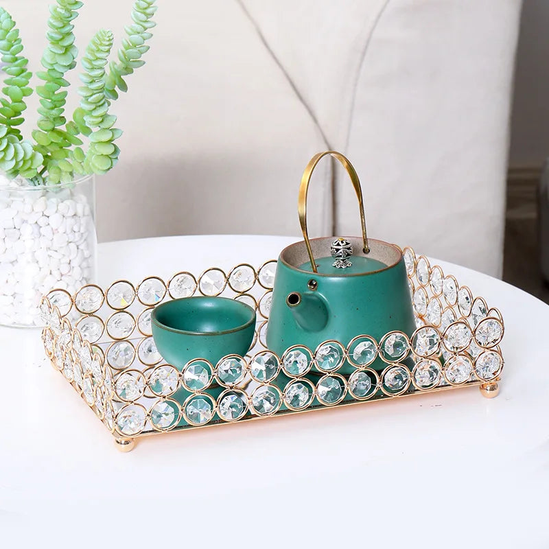 Crystal Decorative Tray Table Makeup Organizer Glass Mirror Perfume Lipstick Storage Plate Luxury Serving Tray Home Trinket Dish