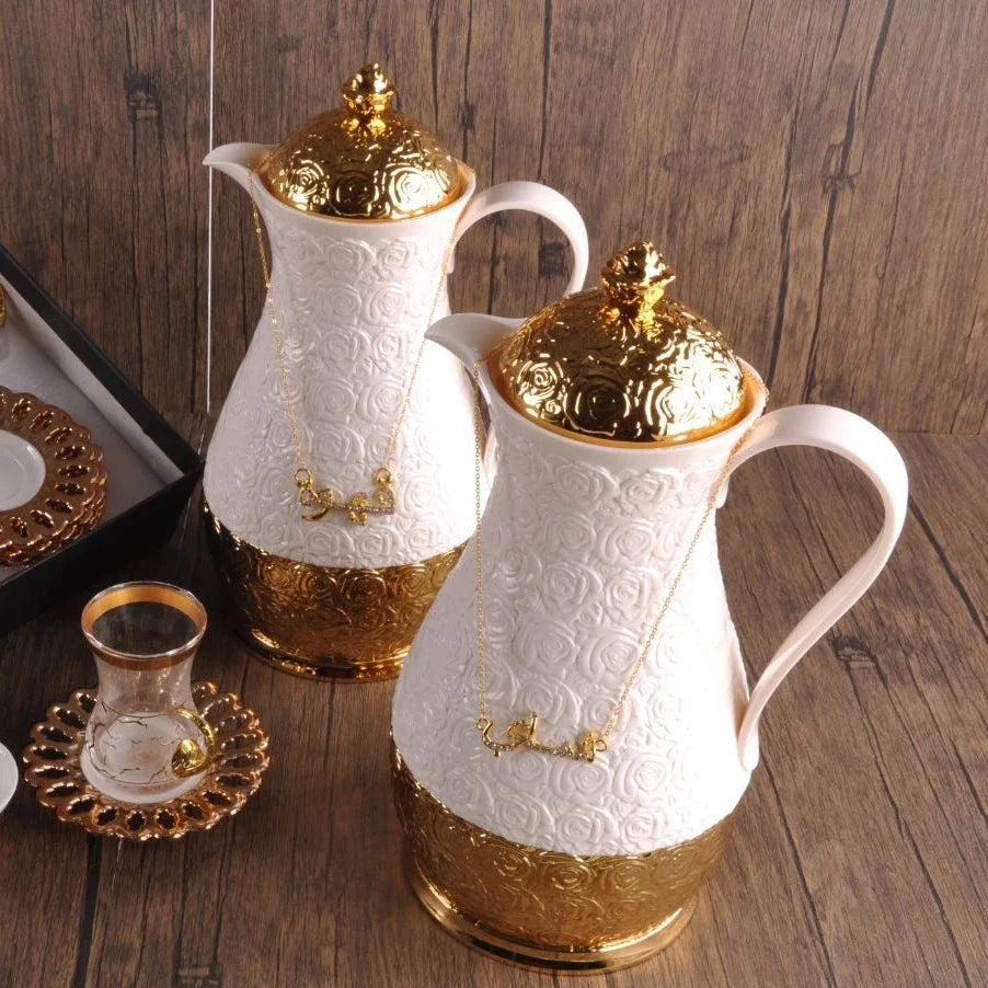 Black gold Arabic glass inner pot porcelain cup 1L tea and coffee pot set