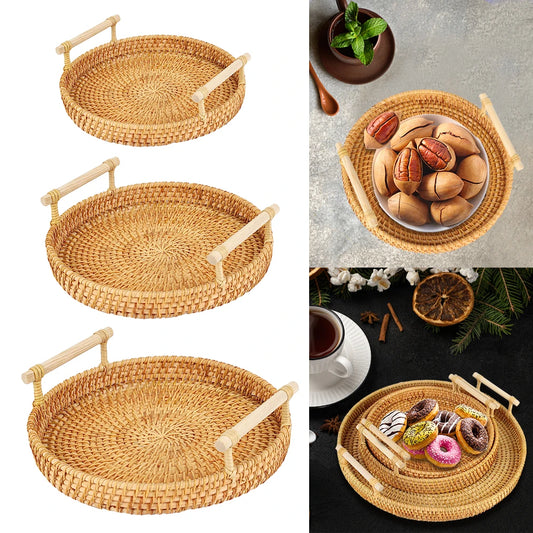 Round Shape With Handle Breakfast Bread Food Plate Fruit Cake Wicker Basket Handwoven Rattan Storage Tray Dinner Serving Tray