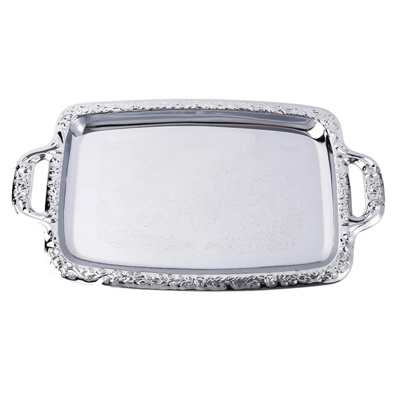 H55A Luxury Stainless Steel Storage Tray with Handle Cosmetic Jewelry Display Plate Hotel Restaurant Serving Dish Silver