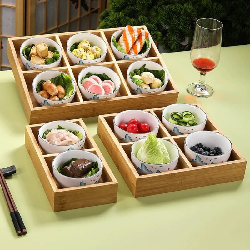 Japanese 9-compartment Tray Bamboo Compartment Dinner Plate Hotpot Side Dishes Fruit Snacks Dessert Shushi Tableware