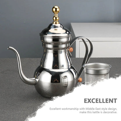 Middle East Arabic Teapot Sliver Gold Stainless Steel Gooseneck Pour Coffee Tea Kettle Filter Strainer Pot Environmental