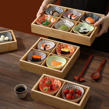 Japanese 9-compartment Tray Bamboo Compartment Dinner Plate Hotpot Side Dishes Fruit Snacks Dessert Shushi Tableware