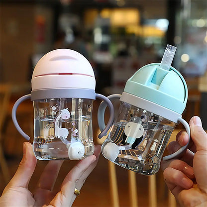 250ML Cartoon Sippy Cups for Toddler Kids Child Learning Cup Water Bottle with Straw and Gravity Ball Handle Feeding Cup