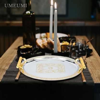 European Style Golden Metal Decorative Tray For Tea Coffee Table With Handle Oval Mirror Serving Tray provide luxury hospitality