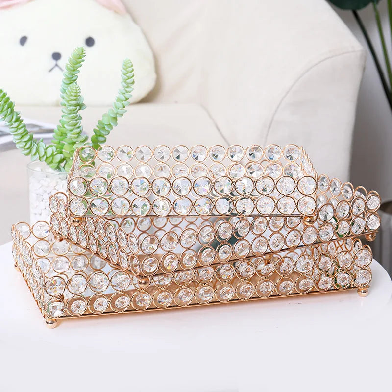 Crystal Decorative Tray Table Makeup Organizer Glass Mirror Perfume Lipstick Storage Plate Luxury Serving Tray Home Trinket Dish