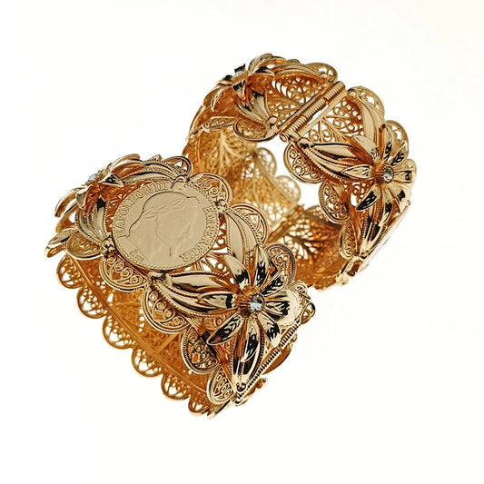 Algerian Metal Flower Bracelet Robe Cuff Bracelet Gold Plated Arabian Wedding Bridal Jewelry Moroccan Banquet Women's Gift