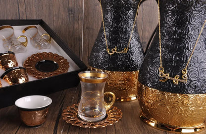 Black gold Arabic glass inner pot porcelain cup 1L tea and coffee pot set