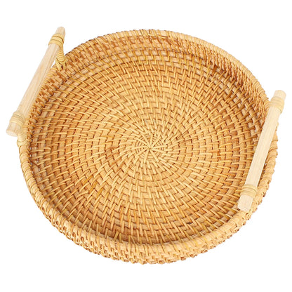 Round Shape With Handle Breakfast Bread Food Plate Fruit Cake Wicker Basket Handwoven Rattan Storage Tray Dinner Serving Tray