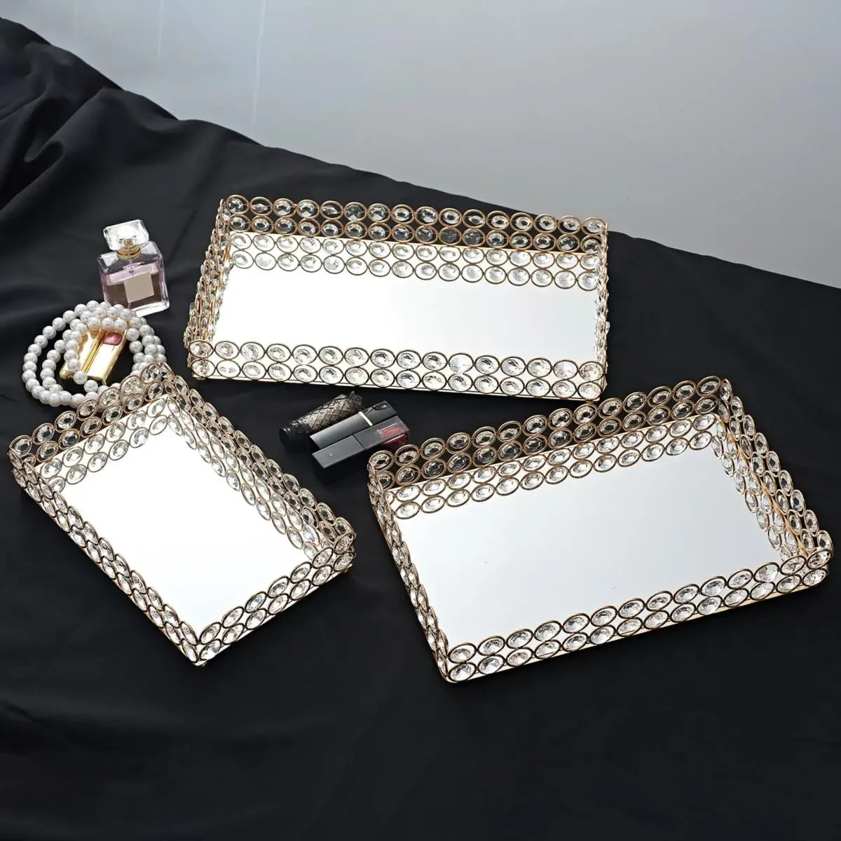 Crystal Decorative Tray Table Makeup Organizer Glass Mirror Perfume Lipstick Storage Plate Luxury Serving Tray Home Trinket Dish