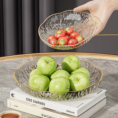 Light Luxury Transparent Gold Border Flower Fruit Plate Reusable Plastic Fruit Dishes Large Capacity Tray Kitchen Tableware