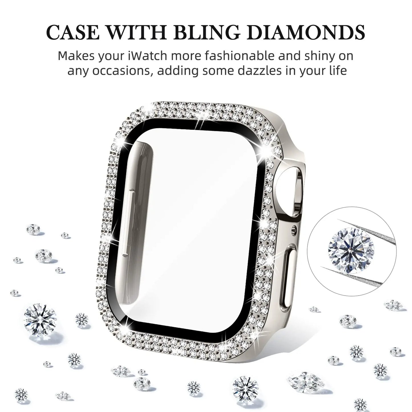 Glass+Diamond Cover For Apple watch case 40mm 44mm 41mm 45mm 38mm 42mm Bling Bumper Protector iWatch series 9 3 5 6 7 8 se case