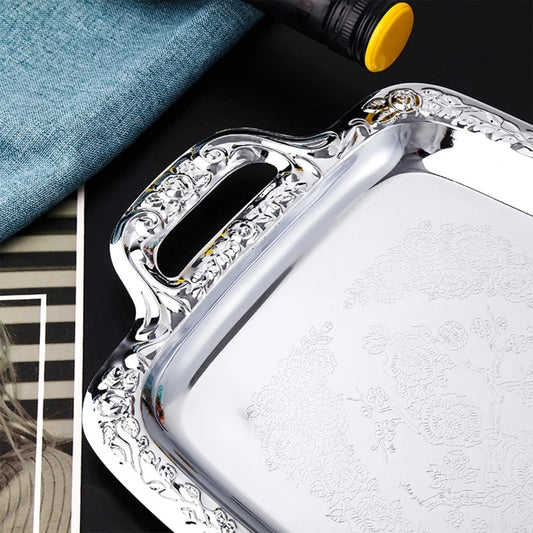 H55A Luxury Stainless Steel Storage Tray with Handle Cosmetic Jewelry Display Plate Hotel Restaurant Serving Dish Silver