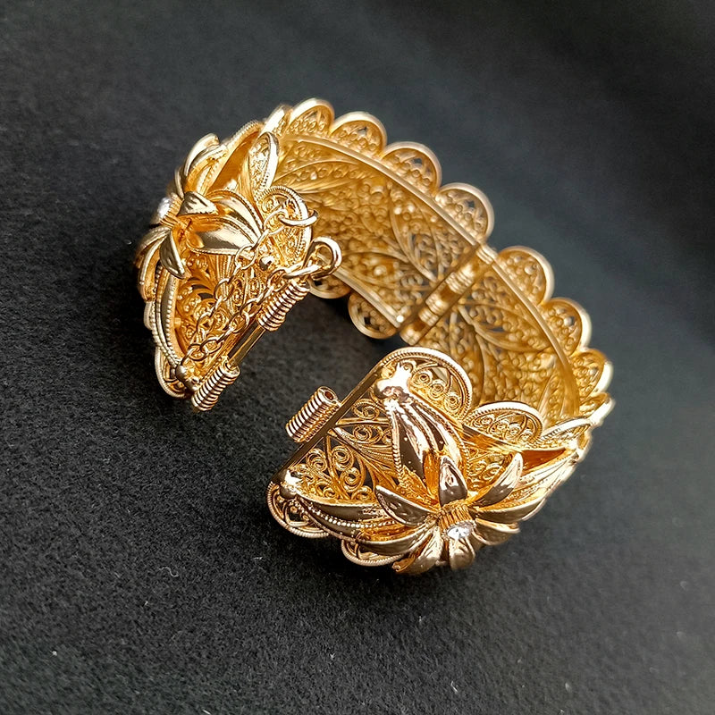 Algerian Metal Flower Bracelet Robe Cuff Bracelet Gold Plated Arabian Wedding Bridal Jewelry Moroccan Banquet Women's Gift