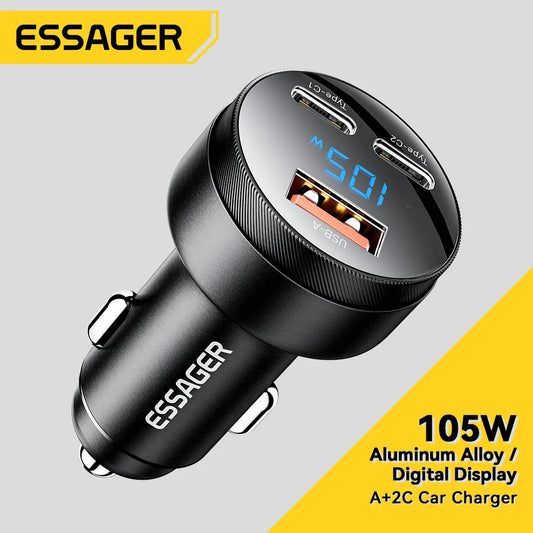 Essager 105W Digital Display Fast Car Charger For iPhone 15 14 pro MacBook USB A C Quick Charger For Huawei Xiaomi Samsung OPPO