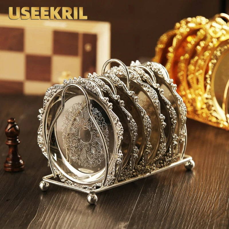 6Pcs 10.5cm Classical Stainless Steel Metal Coaster Vintage Zinc Alloy Plated Cocktail Drink Coaster With Holder Bar Tools