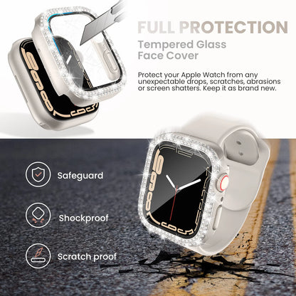 Glass+Diamond Cover For Apple watch case 40mm 44mm 41mm 45mm 38mm 42mm Bling Bumper Protector iWatch series 9 3 5 6 7 8 se case