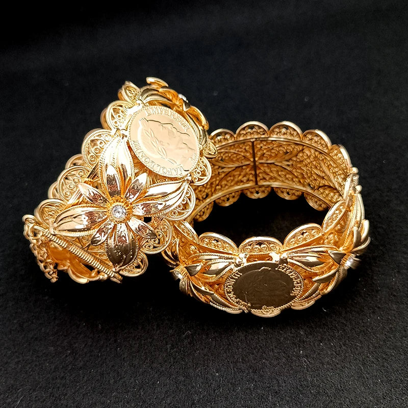 Algerian Metal Flower Bracelet Robe Cuff Bracelet Gold Plated Arabian Wedding Bridal Jewelry Moroccan Banquet Women's Gift