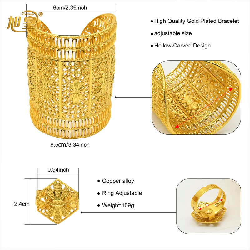 XUHUANG Dubai Ethiopia 24K Gold Color Hollow Bangle With Ring For Women Arabic Luxury Charm Copper Bangles Party Jewelry Gifts