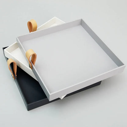 1Pc Creative Square PU Leather Serving Tray Decorative Dish Cosmetics Sundries Desktop Storage Plate with Handle