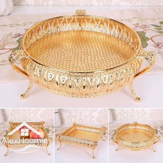 Golden Fruit Tray Creative Vintage Gold Round Square Fruit Plate Multi-Function Metal Snack Home Storage Plate Housewear