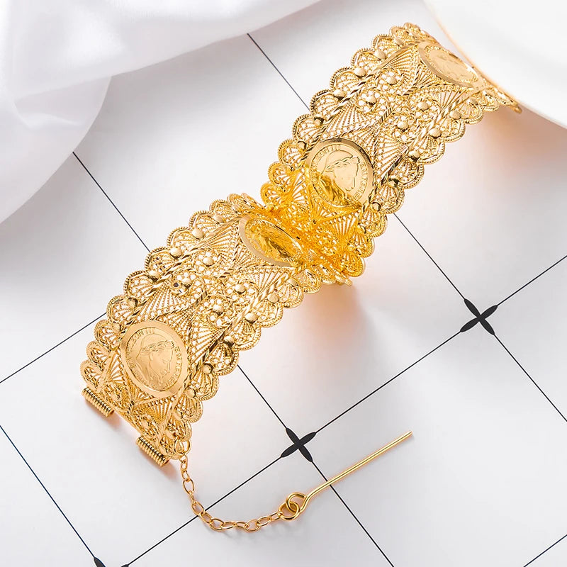 Algerian Style Bride Jewelry Women Head Bangle Cuff Coin Bracelets Bohemia Ethnic Wedding Dress Bijoux Flower Wrist Ornament