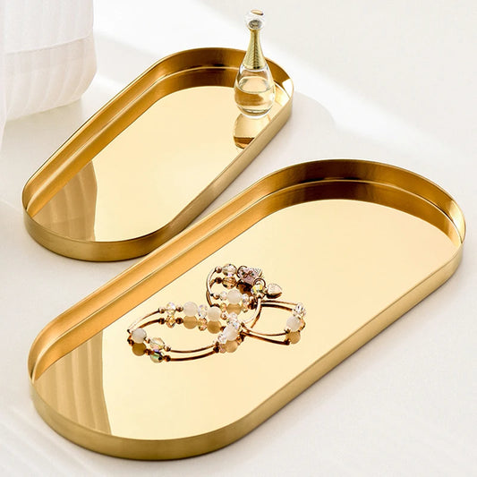 Stainless Steel Storage Tray Golden Oval Tray Light Luxury Jewelry Tray Cosmetic  Storage Plate Swing Tray Home Decoration