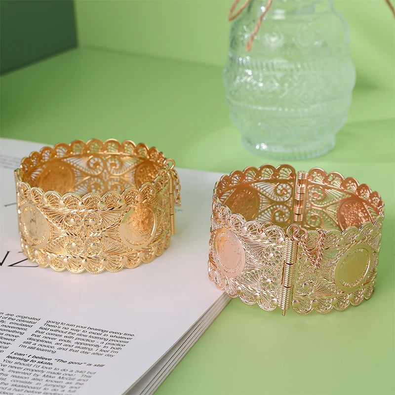 Gold Color Coin Bracelet Cutout Flower Pattern Metal wrist Accessory Cuff Opening bangle Cafftan Bridal Jewelry