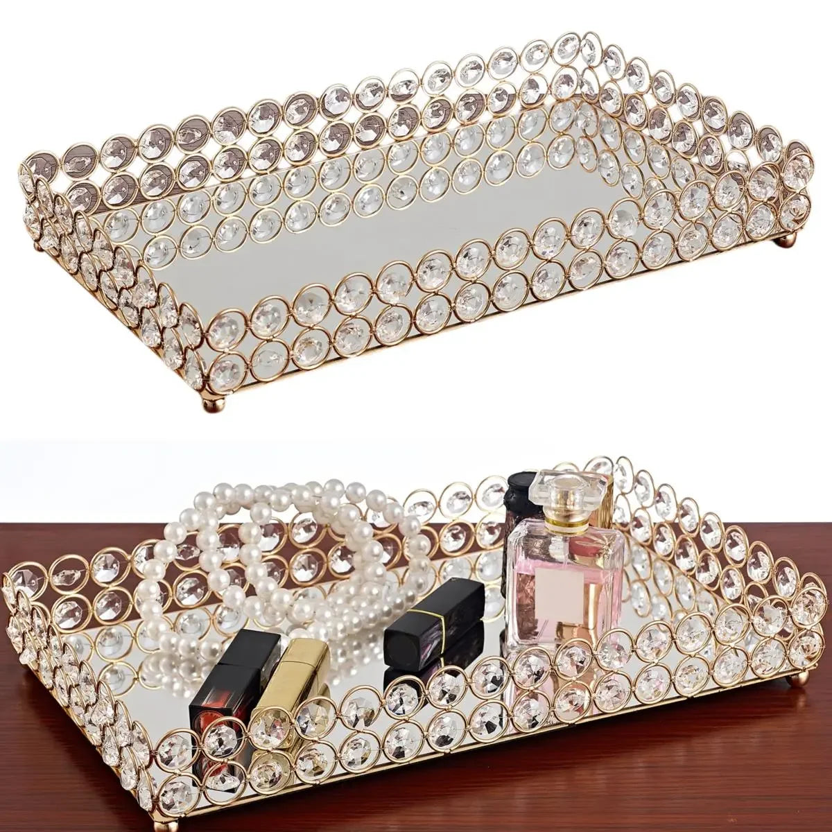 Crystal Decorative Tray Table Makeup Organizer Glass Mirror Perfume Lipstick Storage Plate Luxury Serving Tray Home Trinket Dish