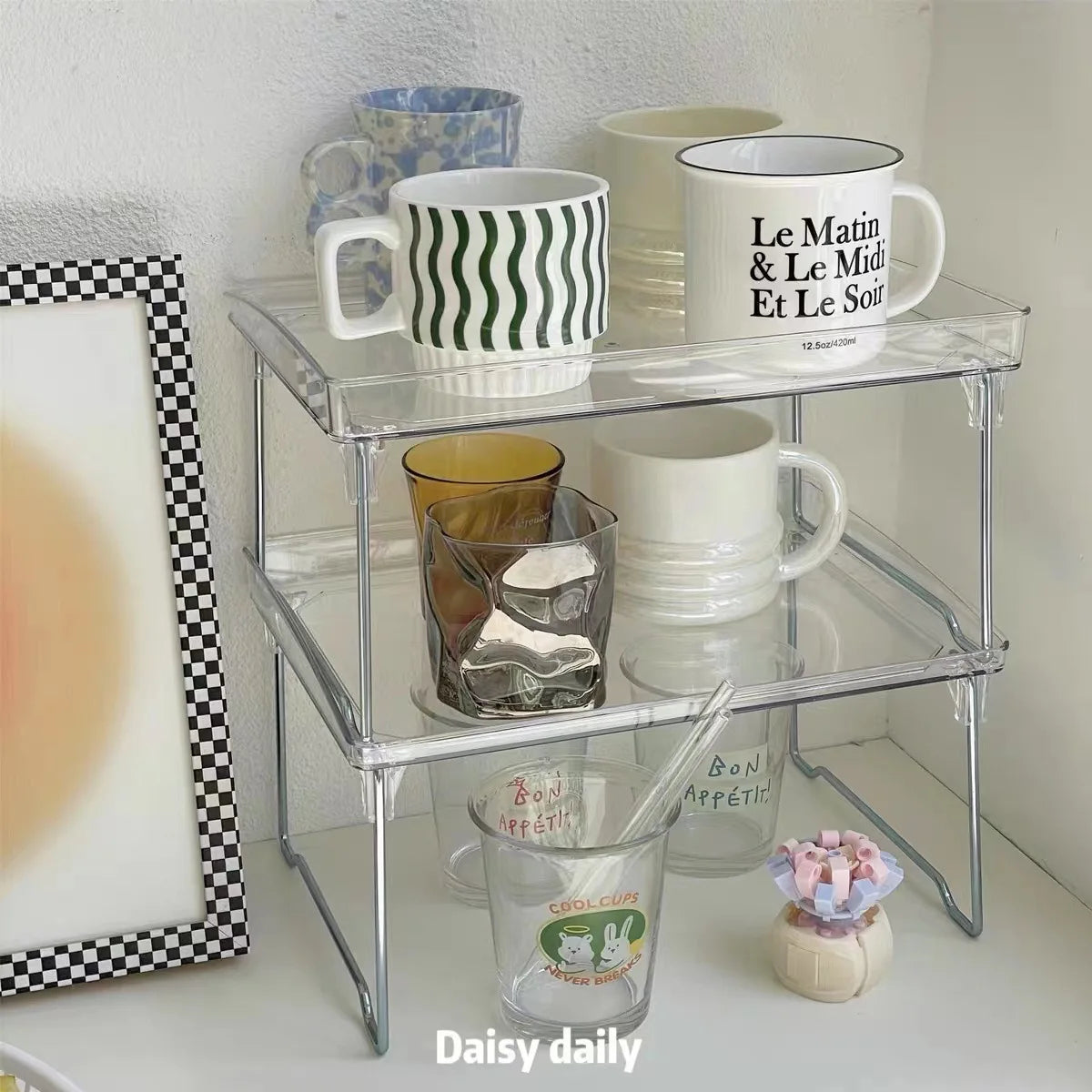 Acrylic folding cup holder table top water cup storage rack tea cup tray rack can be stacked with multi-layer storage rack