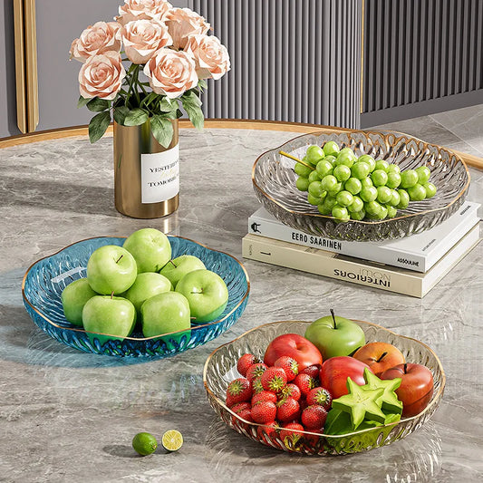 Light Luxury Transparent Gold Border Flower Fruit Plate Reusable Plastic Fruit Dishes Large Capacity Tray Kitchen Tableware