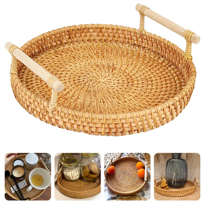 Round Shape With Handle Breakfast Bread Food Plate Fruit Cake Wicker Basket Handwoven Rattan Storage Tray Dinner Serving Tray