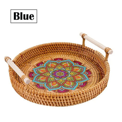 22/24/28cm Rattan Fruit Tray to Serve Food Round Storage Basket Tray Wooden Handle Food Plate Serving Trays Kitchen Supplies