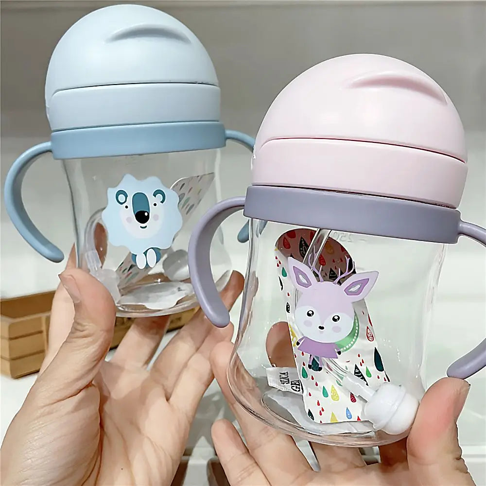 250ML Cartoon Sippy Cups for Toddler Kids Child Learning Cup Water Bottle with Straw and Gravity Ball Handle Feeding Cup