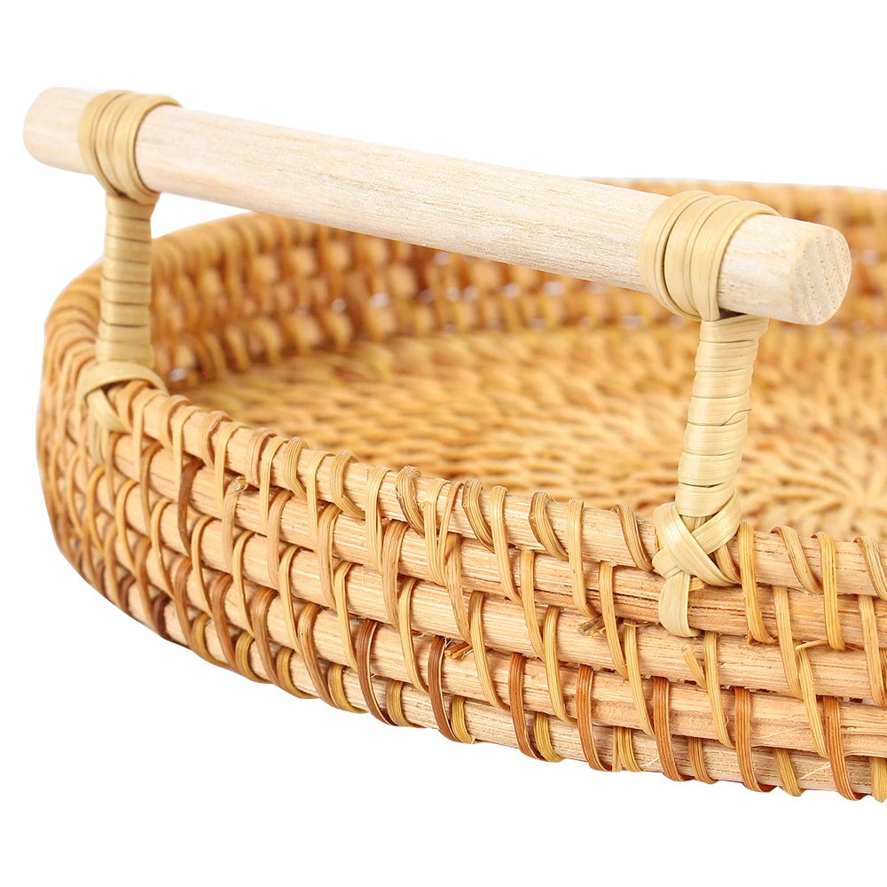 Round Shape With Handle Breakfast Bread Food Plate Fruit Cake Wicker Basket Handwoven Rattan Storage Tray Dinner Serving Tray