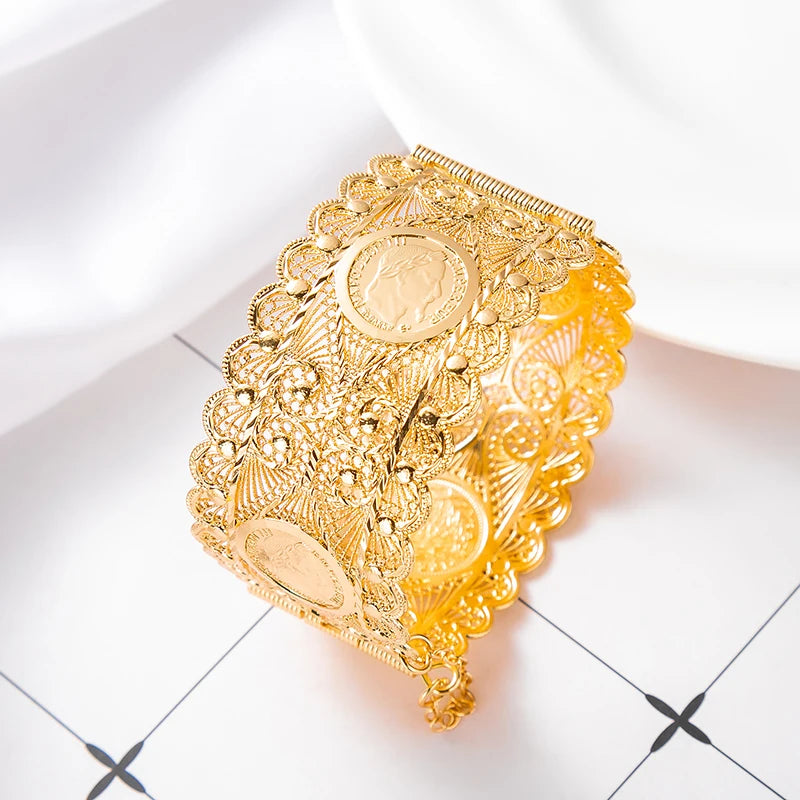 Algerian Style Bride Jewelry Women Head Bangle Cuff Coin Bracelets Bohemia Ethnic Wedding Dress Bijoux Flower Wrist Ornament