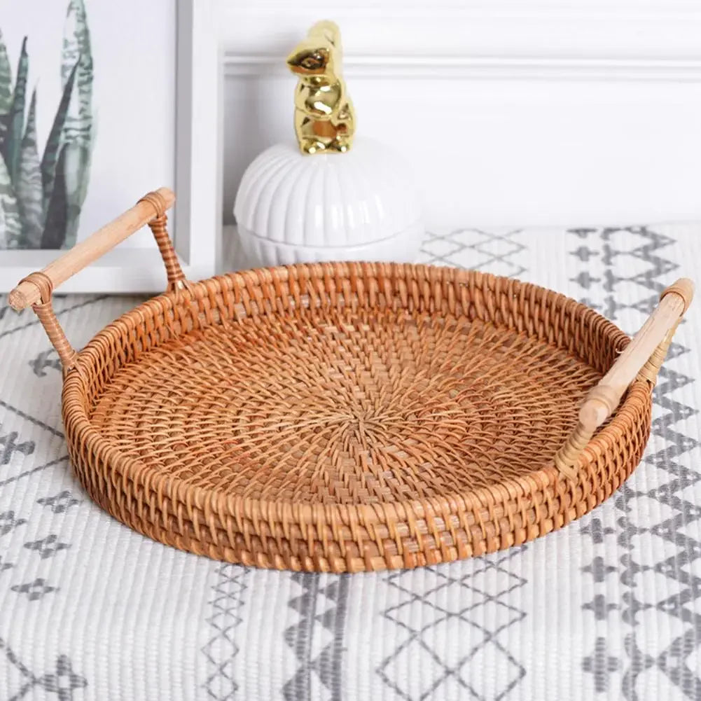 Hand-Woven Round Rattan Tray Fruit Snacks Storage Basket Organizer with Handle Autumn Woven Storage Tray Snack Fruit Tray