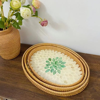 Handmade rattan shell color storage round home living room light luxury picnic fruit plate candy restaurant advanced tray