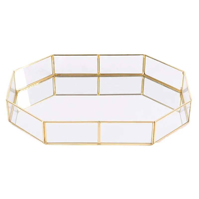 Home Kitchen Storage Glass Storage Tray Golden Tray Simple Jewelry Cosmetic Decoration Retro Copper Tea Storage Trays