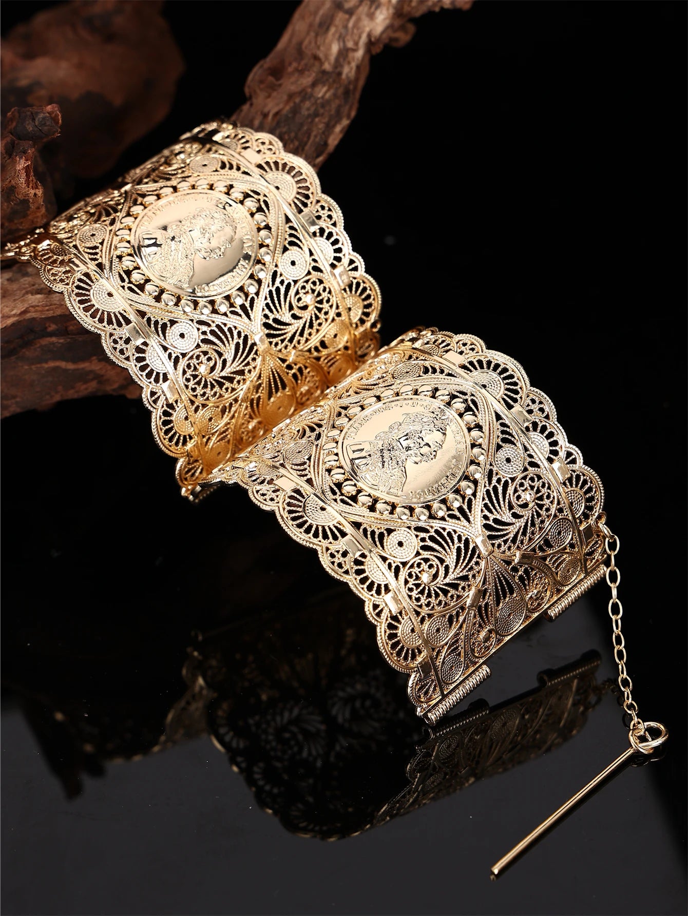 Luxury Metal Open Bracelet French Napoleon III Coin Pattern Carved Bangle Women's Wedding Jewelry Hand Decoration