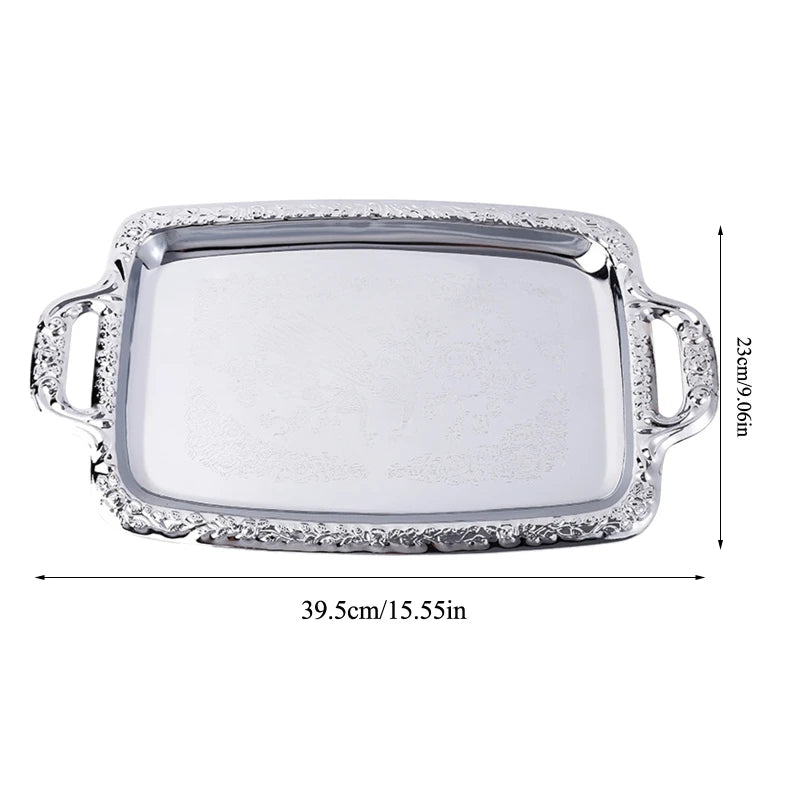 H55A Luxury Stainless Steel Storage Tray with Handle Cosmetic Jewelry Display Plate Hotel Restaurant Serving Dish Silver