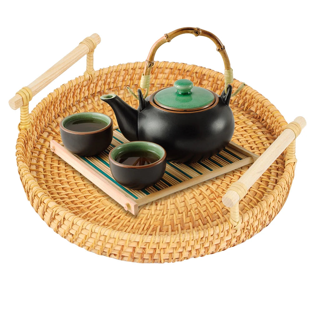 Round Shape With Handle Breakfast Bread Food Plate Fruit Cake Wicker Basket Handwoven Rattan Storage Tray Dinner Serving Tray