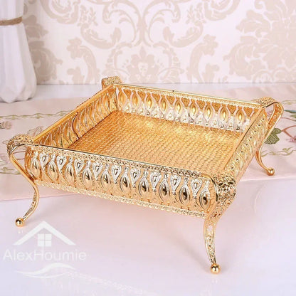 Golden Fruit Tray Creative Vintage Gold Round Square Fruit Plate Multi-Function Metal Snack Home Storage Plate Housewear