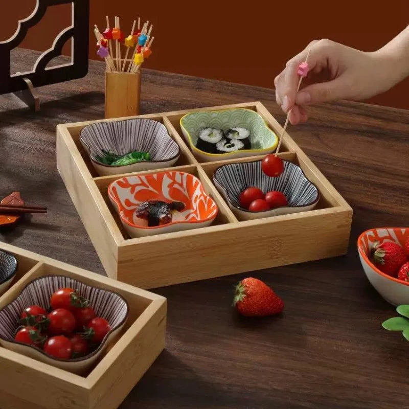 Japanese 9-compartment Tray Bamboo Compartment Dinner Plate Hotpot Side Dishes Fruit Snacks Dessert Shushi Tableware