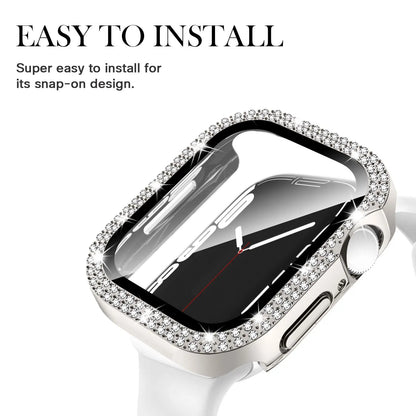 Glass+Diamond Cover For Apple watch case 40mm 44mm 41mm 45mm 38mm 42mm Bling Bumper Protector iWatch series 9 3 5 6 7 8 se case