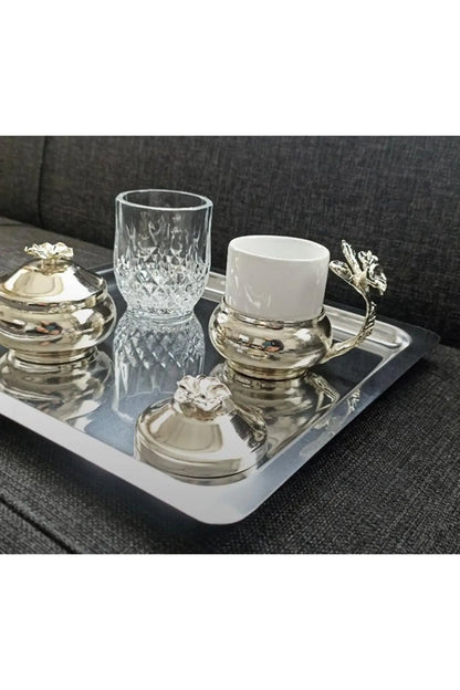 2 Pieces Luxury Stainless Steel Square Piece Silver Square Luxury Steel Coffee Serving Tray Coffee, Tea, Decorative Serving Tray